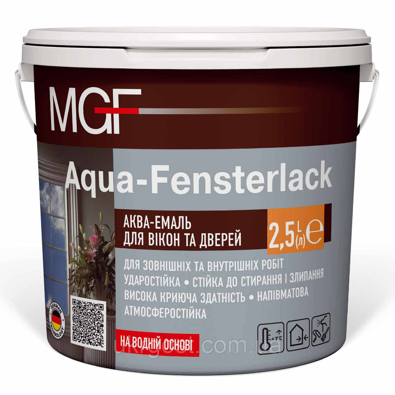 Фарба для вікон та дверей MGF Aqua-Fensterlack Білий напівмат 2,5 л