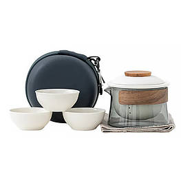 Дорожній чайний набір HR-068 заварник 240 ml скляний + 3 піали з чохлом White