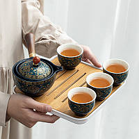 Керамічний чайний набір Blue дорожній набір із предметів для чайної церемонії у чохлі, фото 2