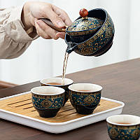 Керамічний чайний набір Blue дорожній набір із предметів для чайної церемонії у чохлі, фото 3