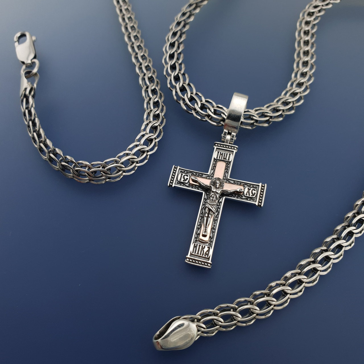 Срібна цепочка з хрестиком чоловіча. Срібний хрестик із золотими накладками і чоловіча срібна цепочка 60 см, фото 1