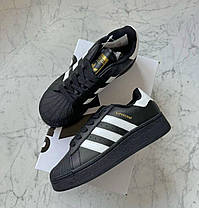 Жіночі кросівки Adidas Superstar Platform Black White Адідас Суперстар чорно білі на платформі шкіра, фото 4