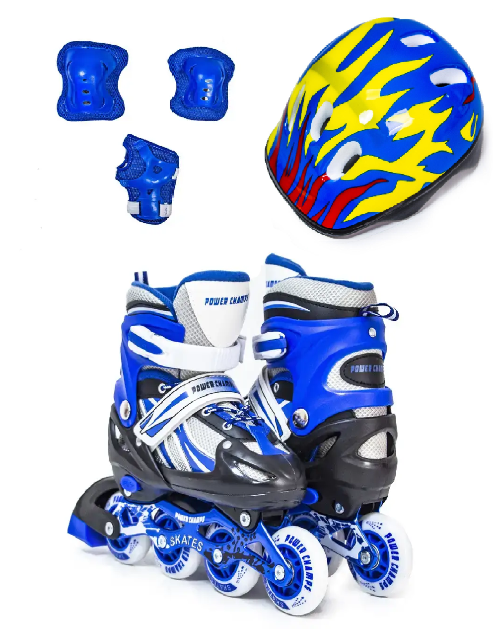Комплект роликів "Power Champs" із захистом і шоломом Чорно-Синього кольору, розміри 29-33 / 38-41