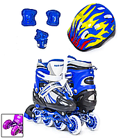 КОМПЛЕКТ ролики із подвійними колесами + захист + шолом Power Champs. Чорно-синій колір, розміри 29-33 / 38-41