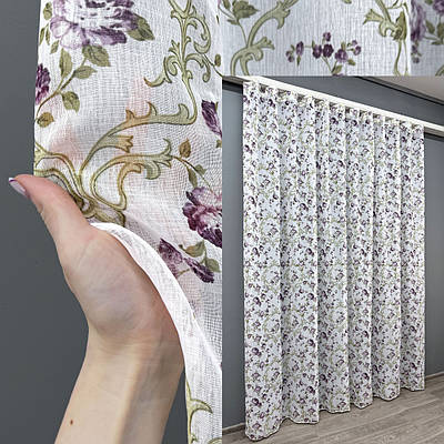 Готова тюль (3х2,7м.) з батиста, колекція "Flora". Колір білий з квітковим принтом. Код 1145т 40-905