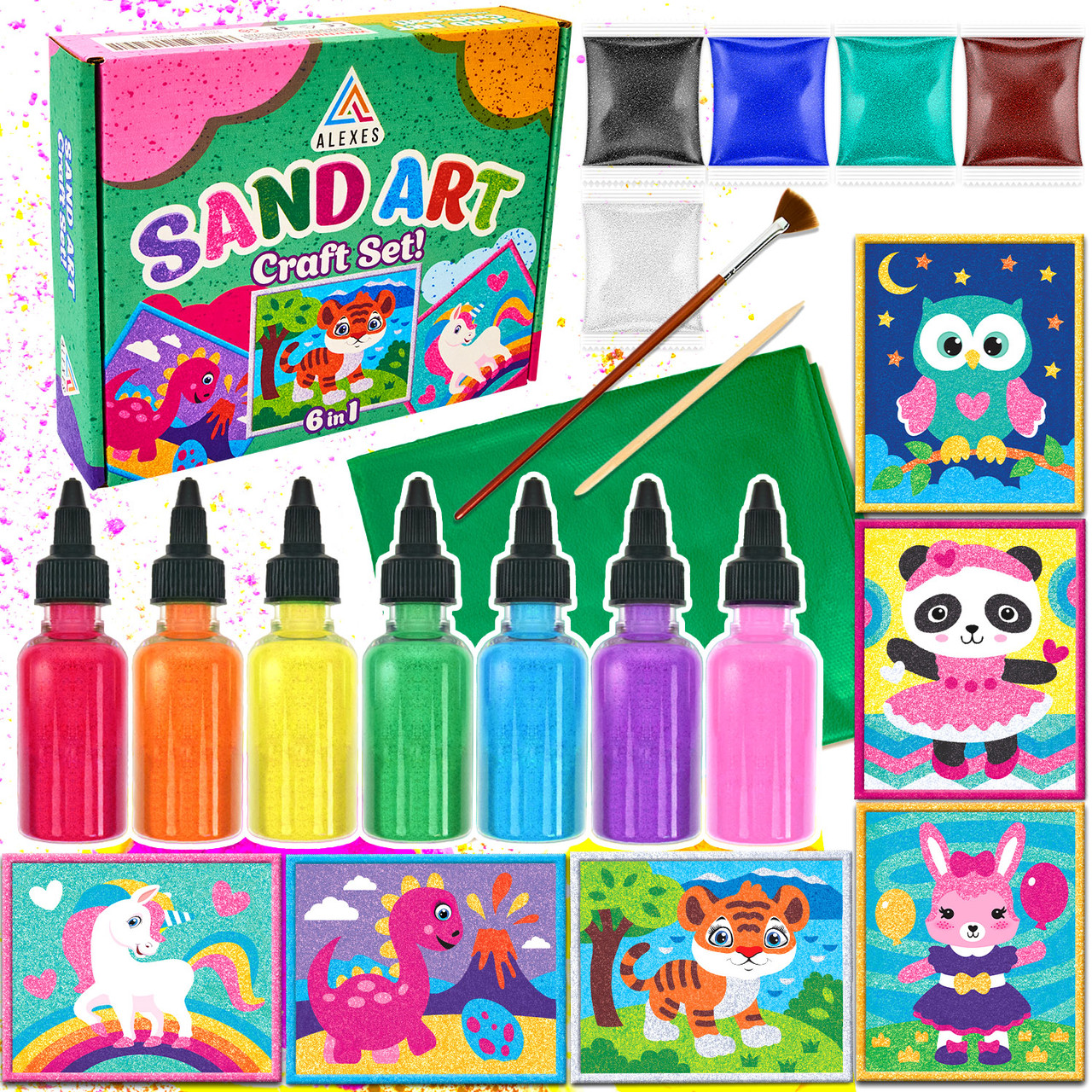 Розвиваючий дитячий творчий набір - малювання кольоровим піском ALEXES, 6 карток, фото 1