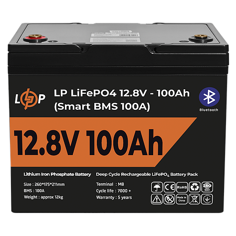 Акумулятор LP LiFePO4 12V (12,8V) - 100 Ah (1280Wh) (Smart BMS 100А) з BT пластик, фото 1