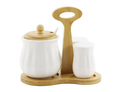 Набір для спецій порцеляновий INTEROS 3пр. дерев'яній підставці (сіль + перець + цукорниця) C PJ03318