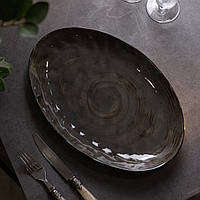 Овальна керамічна тарілка 35×23.5 см для сервірування столу, обідня чорна плоска HoReCa