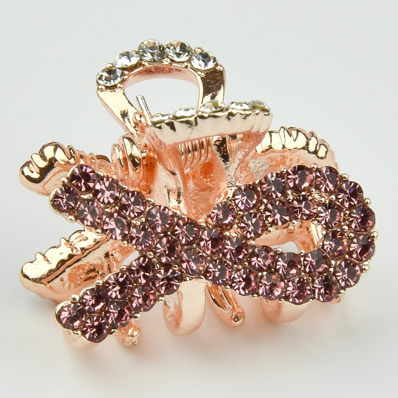 Шпилька краб металевої фірми Zaya золотистого кольору стрічка з рожевими кристалами розмір 15Х23Х23 мм