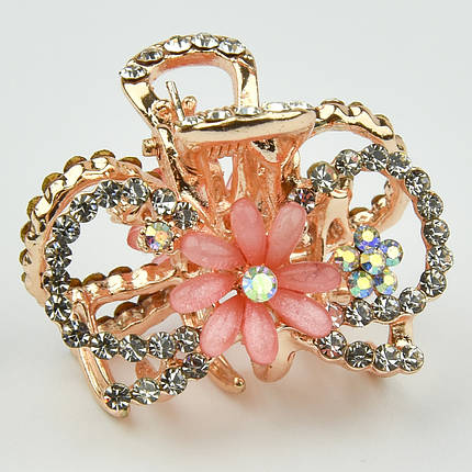 Шпилька краб металевої фірми Zaya золотистого кольору бантик із квітчасткою в стразах розмір 20Х25Х25 мм, фото 1