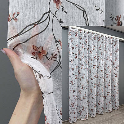 Готова тюль (3х2,5м.), батист "Flora". Колір білий з теракотово-чорним принтом. Код 1327т 42-0817