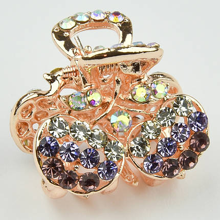 Шпилька краб металевої фірми Zaya золотистого кольору вишеньки з фіолетовими стразами розмір 20Х25х20 мм, фото 1