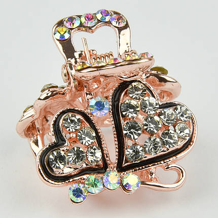 Шпилька краб металевої фірми Zaya золотистого кольору два сердечка з білими стразами розмір 20Х25х20 мм, фото 1