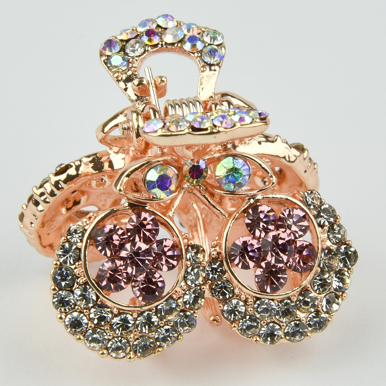 Шпилька краб металевої фірми Zaya золотистого кольору вишеньки з рожевими фіанітами розмір 25х25х25 мм