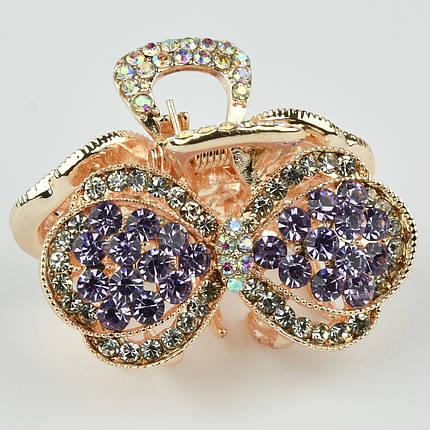 Шпилька краб металевої фірми Zaya золотистого кольору бантик із фіолетовими стразами розмір 30Х35х30 мм, фото 1