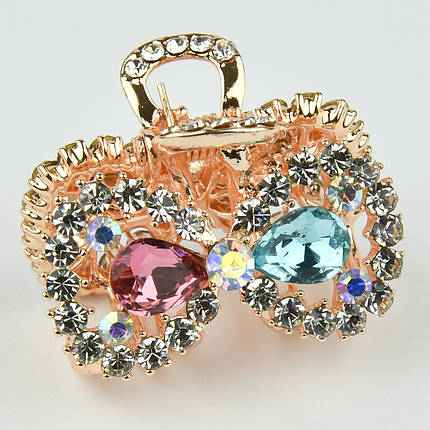 Шпилька краб металевої фірми Zaya золотистого кольору бантик із різнобарвними камінчиками розмір 20Х25х20 мм, фото 1