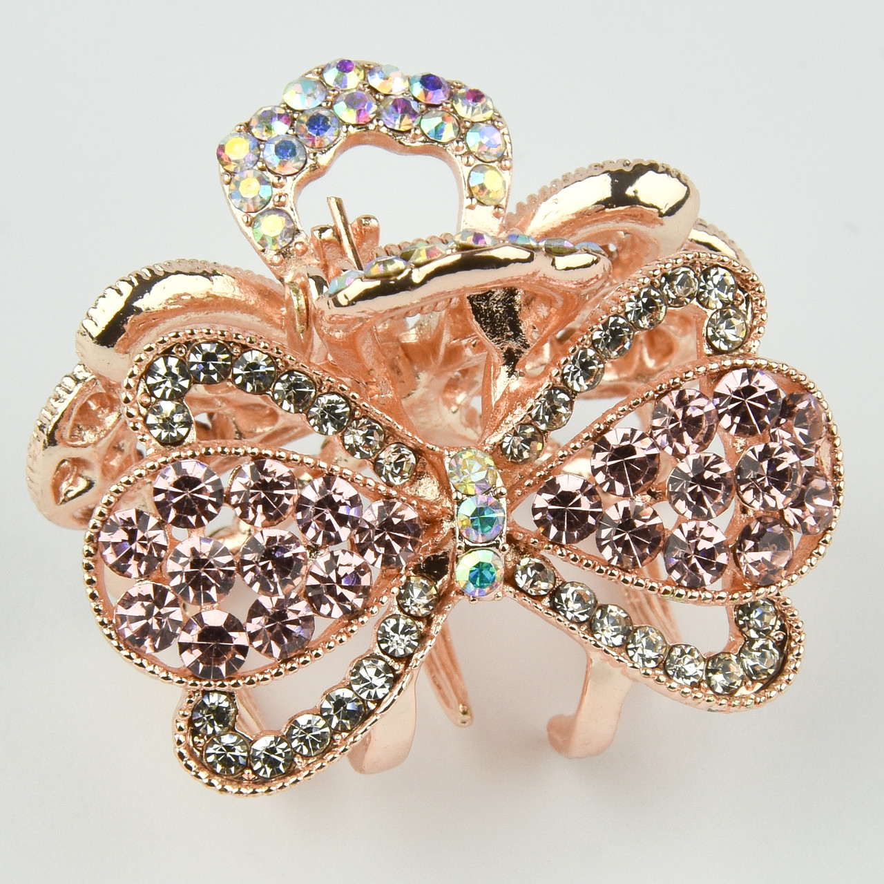 Шпилька краб металевої фірми Zaya золотистого кольору бантик із рожевими фіанітами розмір 30Х35х30 мм