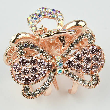Шпилька краб металевої фірми Zaya золотистого кольору бантик із рожевими фіанітами розмір 30Х35х30 мм, фото 1