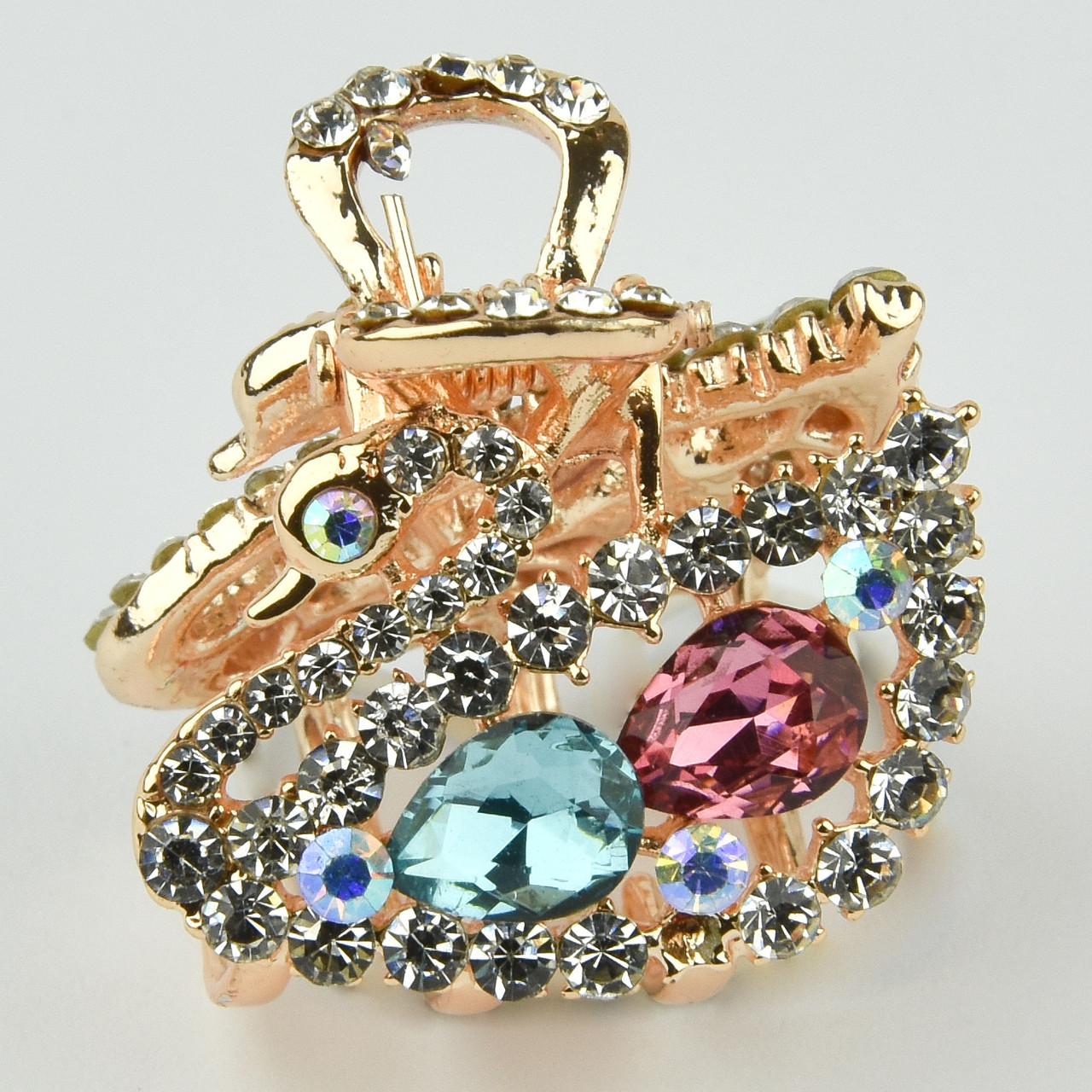 Шпилька краб металевої фірми Zaya золотистого кольору лебідь з різнобарвними стразами розмір 25х25х25 мм