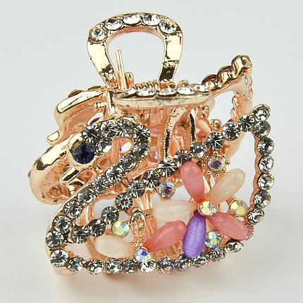 Шпилька краб металевої фірми Zaya золотистого кольору лебідь з різнобарвними квіточками розмір 25Х25х25 мм, фото 1