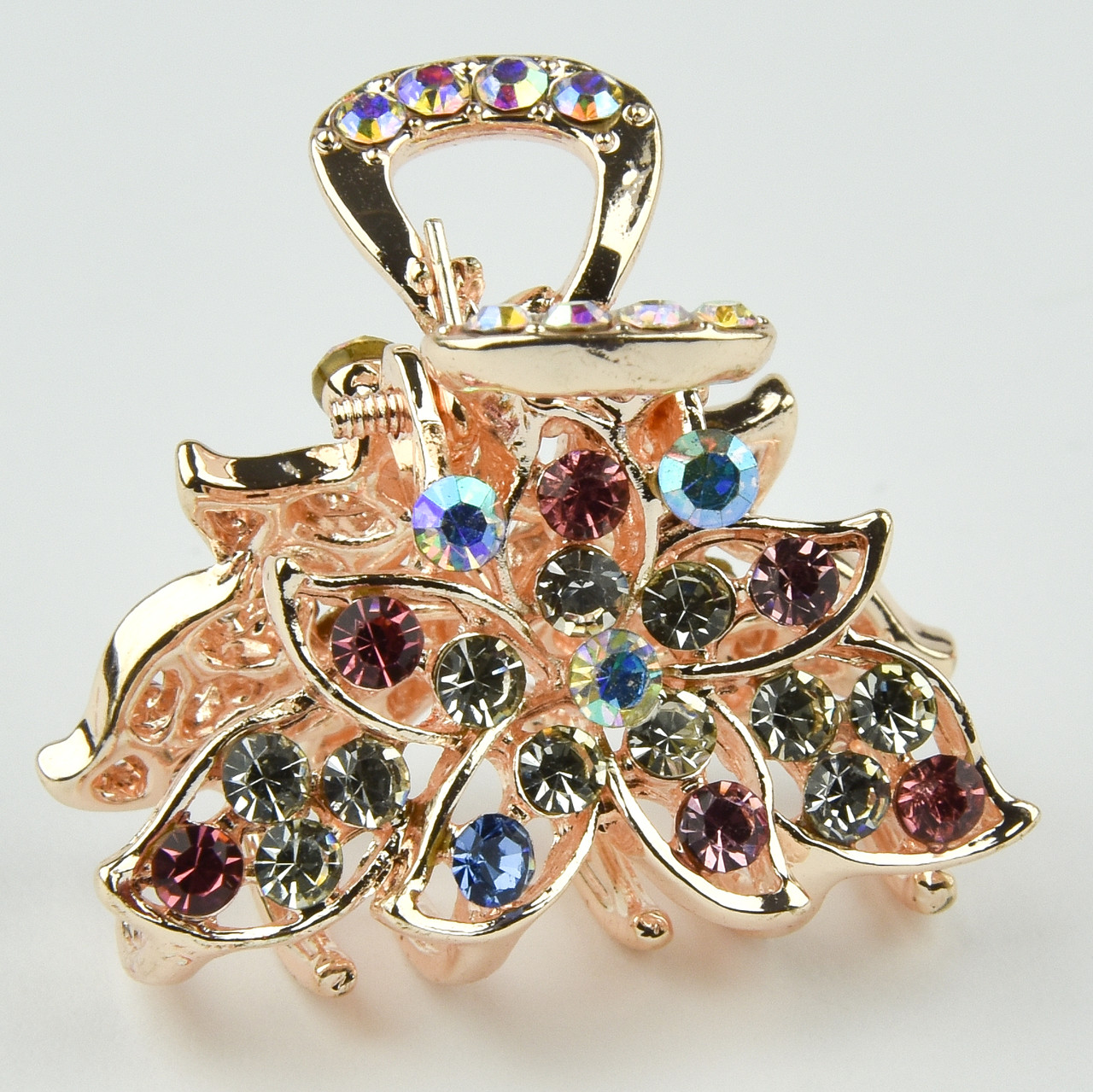 Шпилька краб металевої фірми Zaya золотистого кольору квіточок із рожевими стразами розмір 25х30х25 мм