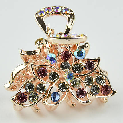 Шпилька краб металевої фірми Zaya золотистого кольору квіточок із рожевими стразами розмір 25х30х25 мм, фото 1