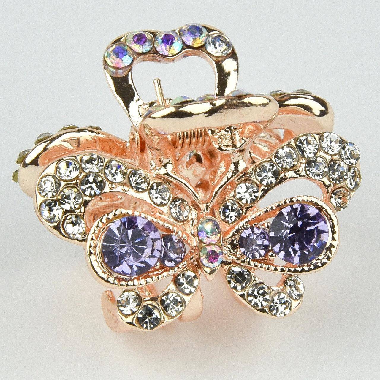 Шпилька краб металевої фірми Zaya золотистого кольору метелик із фіолетовими стразами розмір 20Х25х20 мм