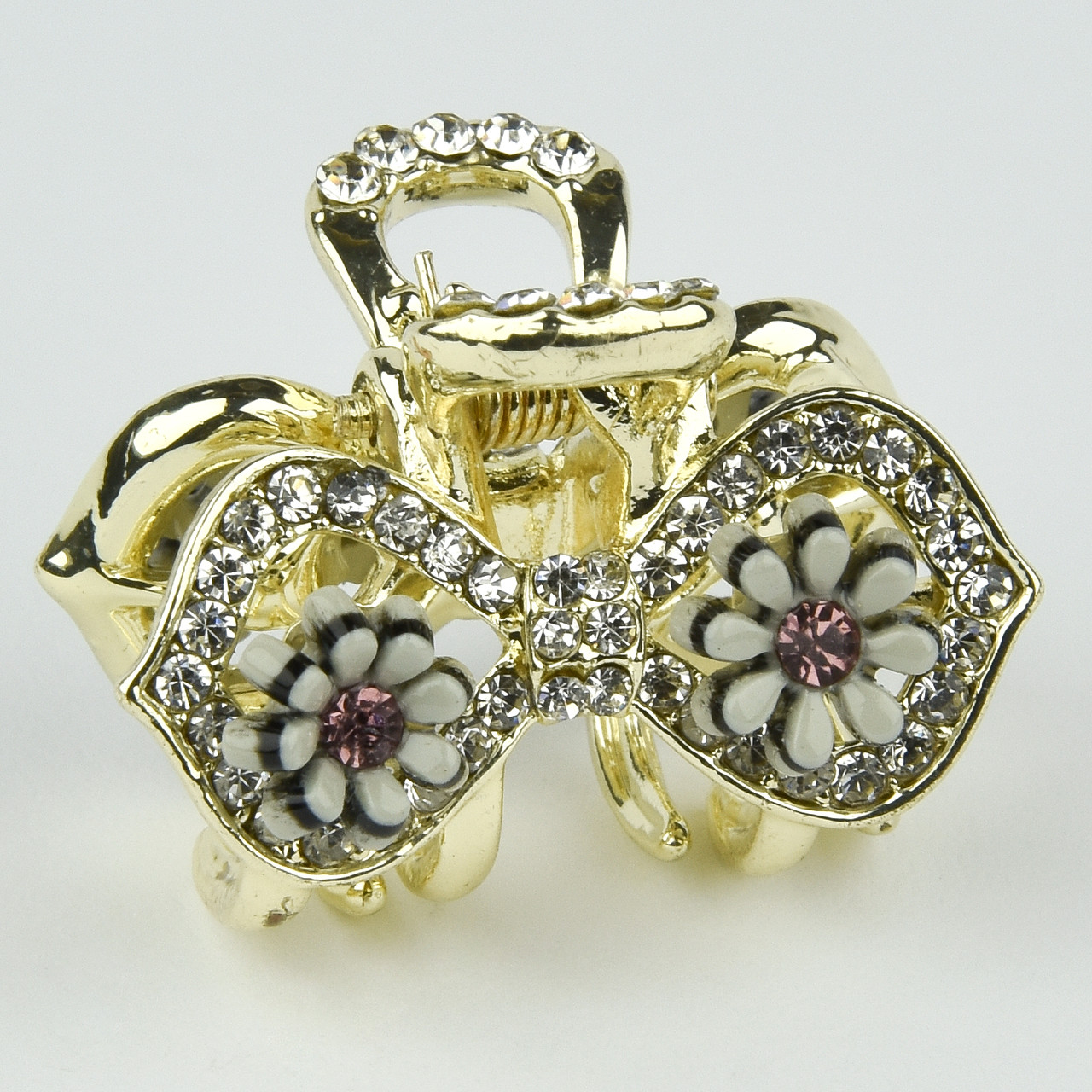 Шпилька краб металевої фірми Zaya лимонного кольору бантик із ромашками зі стразами розмір 20Х25х20 мм