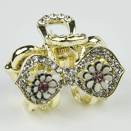 Шпилька краб металевої фірми Zaya лимонного кольору бантик із ромашками зі стразами розмір 20Х25х20 мм, фото 1