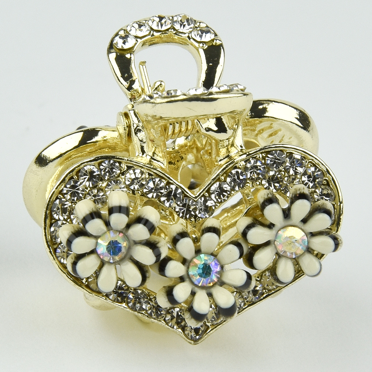 Шпилька краб металевої фірми Zaya лимонного кольору серце з ромашками зі стразами розмір 20Х25х20 мм