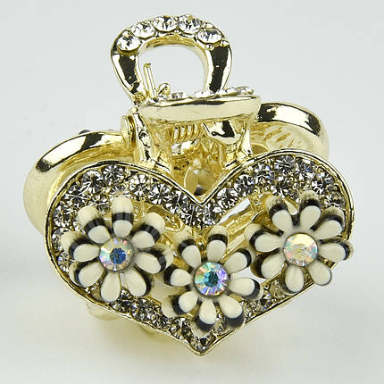 Шпилька краб металевої фірми Zaya лимонного кольору серце з ромашками зі стразами розмір 20Х25х20 мм, фото 1