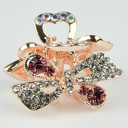 Шпилька краб металевої фірми Zaya золотистого кольору бантик із рожевими камінчиками розмір 20Х30х20 мм, фото 1