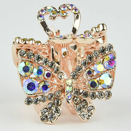 Шпилька краб металевої фірми Zaya золотистого кольору бантик із мінливими стразами розмір 25Х25х25 мм, фото 1