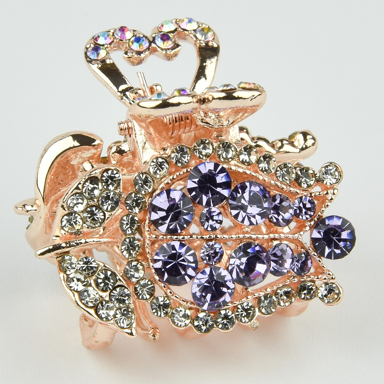 Шпилька краб металевої фірми Zaya золотистого кольору тюльпан із фіолетовими стразами розмір 25х25х25 мм