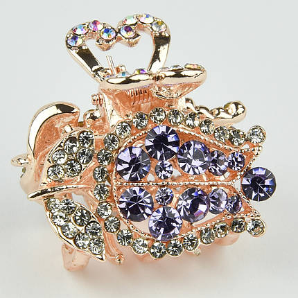 Шпилька краб металевої фірми Zaya золотистого кольору тюльпан із фіолетовими стразами розмір 25х25х25 мм, фото 1