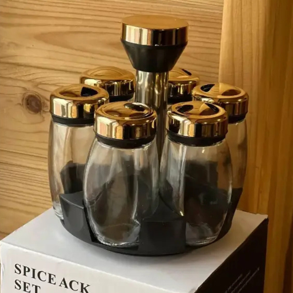 Кухонний органайзер для приправ 6 скляних ємностей на підставці Набір для спецій баночки та підставка, фото 1