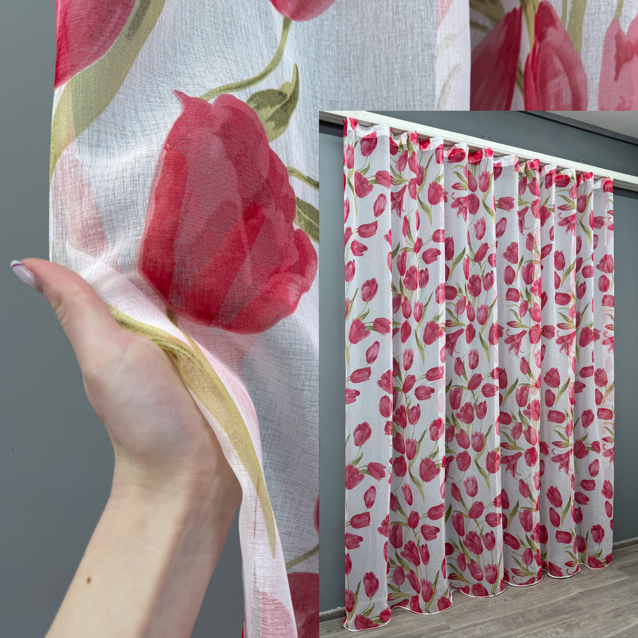 Готова тюль (3х2,7м.) з батиста, колекція "Flora". Колір білий з червоним квітковим принтом. Код 1171т 40-934