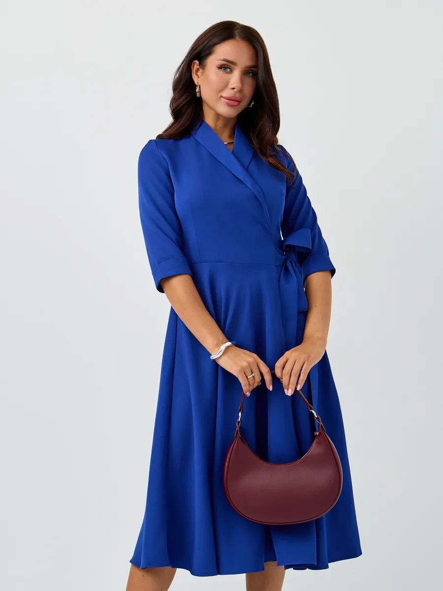 :Жіноче класичне офісне плаття-міді на запах, на роботу, в офіс, синє, фото 1