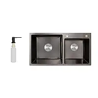 Lidz Handmade H7843 Мойка для кухни с двумя чашами интегрированная Brushed Black PVD 3,0/1,0 мм