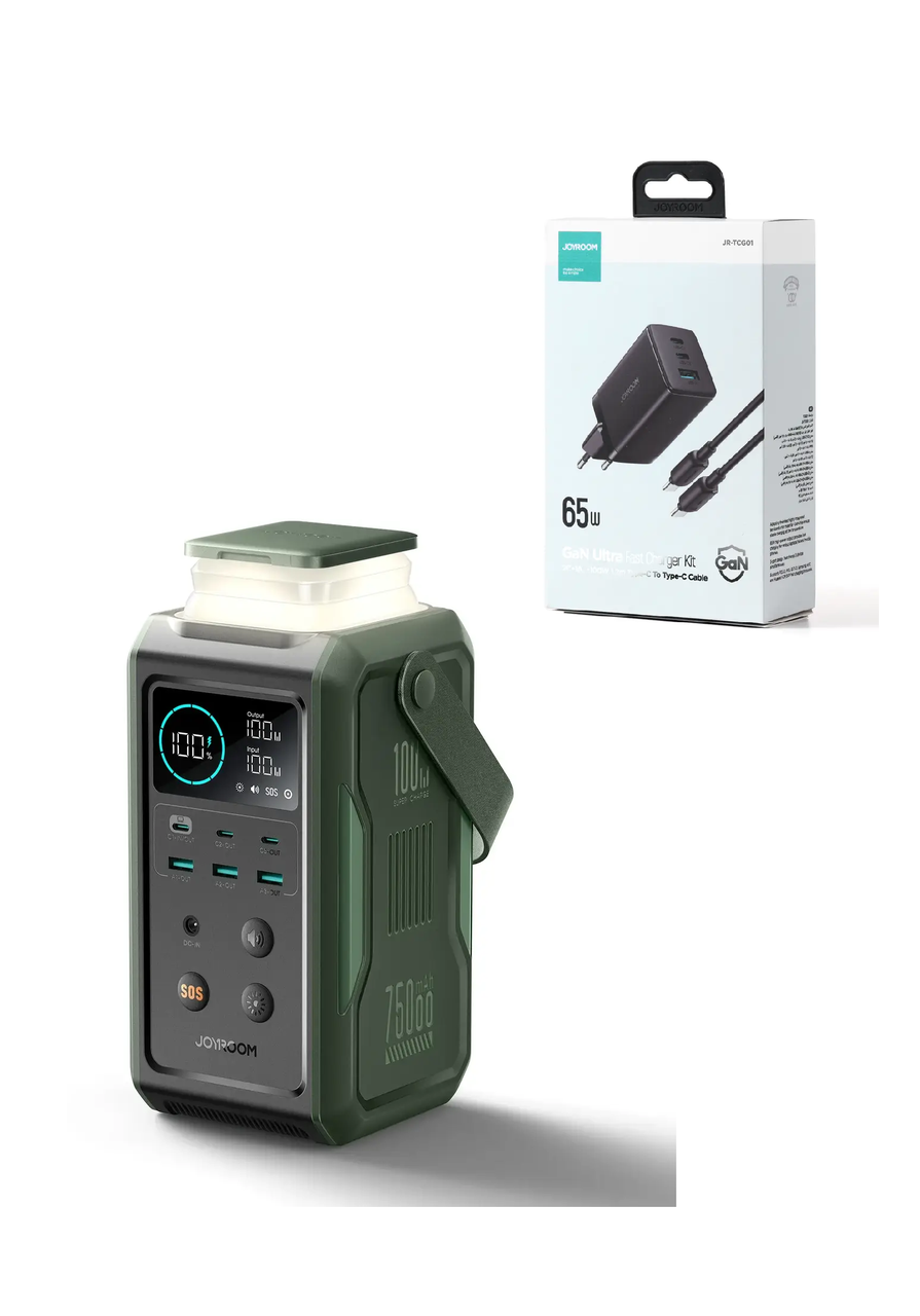 Повербанк JOYROOM PD100W 75000mAh (240Wh) з висувною підсвіткою + Зарядний пристрій Joyroom FC 65W