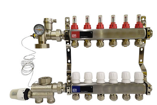 Колектор для теплої підлоги на 6 контурів у зборі, нижнє підключення, «Europroduct» НЕРЖАВІЙКА, фото 1
