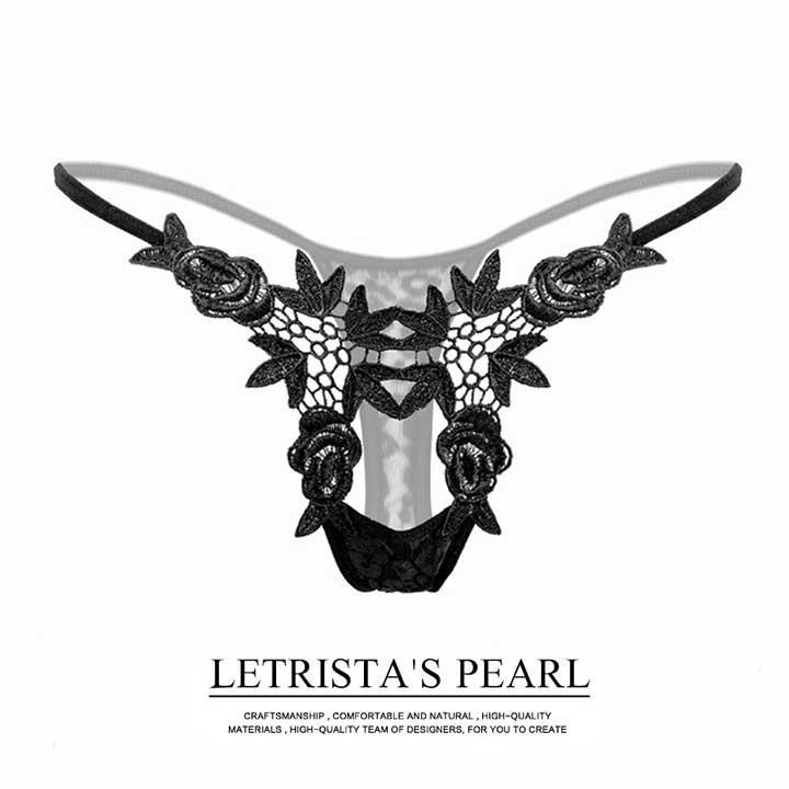 Стрінги з квітами та пікантним вирізом - Чорний - S/M - Еротична білизна, фото 1