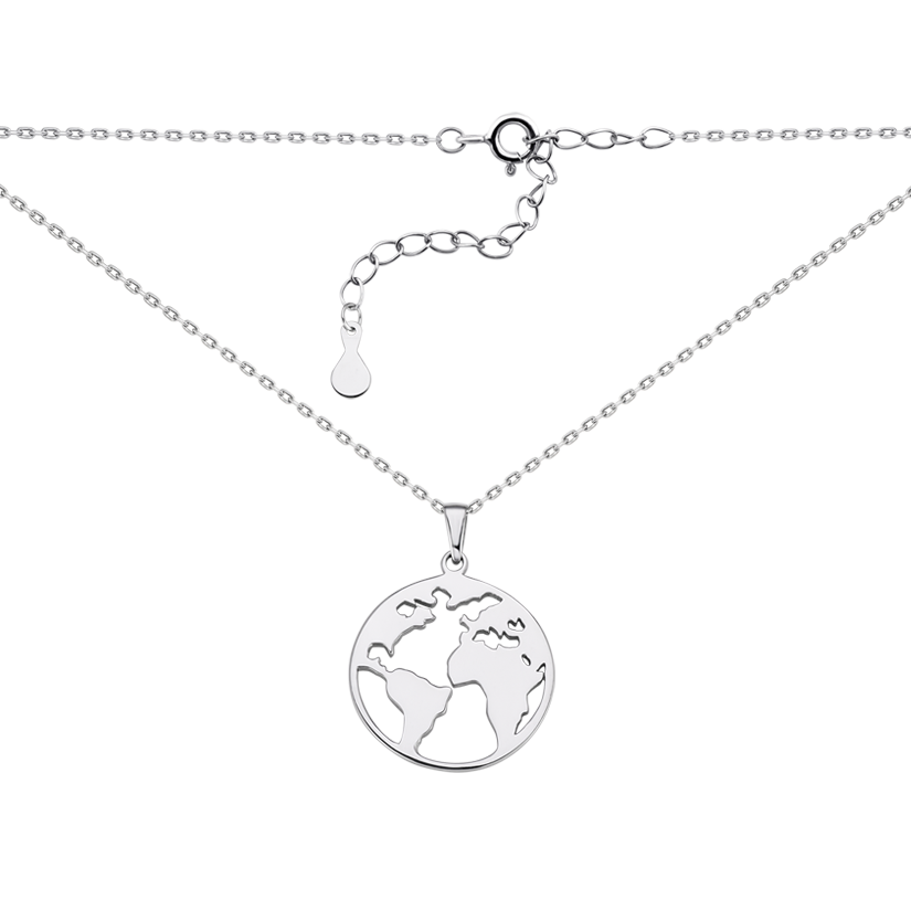 Кольє срібне медальйон Карта Світу на тоненькому ланцюжку без камінців, фото 1