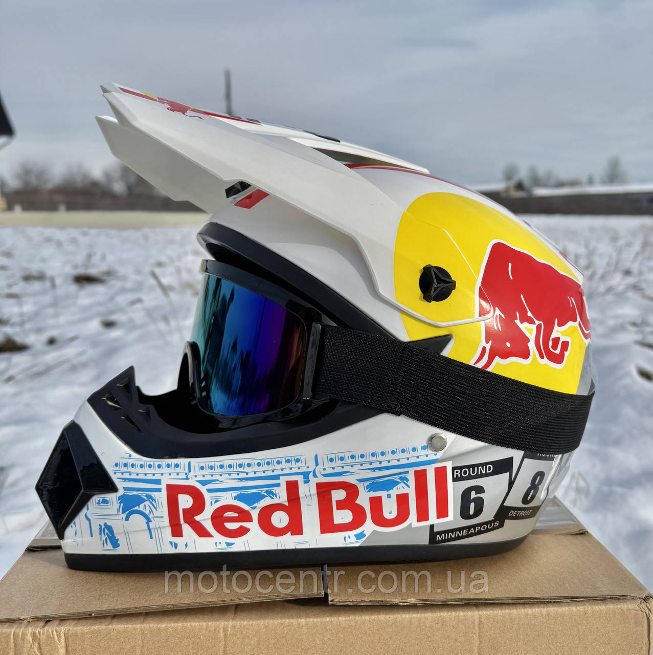 Мотошолом кросс-ендуро RedBull/white + Окуляри в ПОДАРУНОК