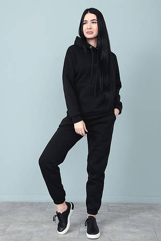 Жіночий теплий чорний спортивний костюм на флісі з капюшоном і кишенями кенгуру "WhyNot" весна осінь, фото 1