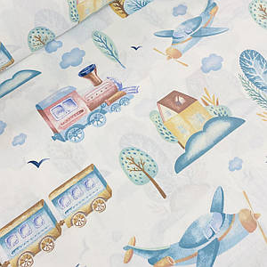 Тканина поплін блакитні потяги з вагонами, рейками та деревами на білому (ТУРЦІЯ шир. 2,4 м) (R-Т-0760)
