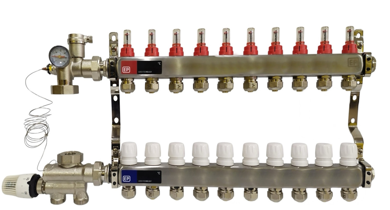 Колектор для теплої підлоги на 10 контурів у зборі, нижнє підключення, «Europroduct» НЕРЖАВІЙКА