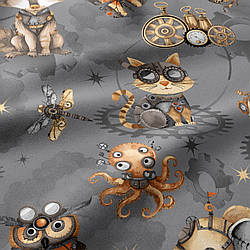 Бязь "Тварини-роботи на сірому тлі", №5427