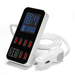Автомобільний 8-портовий USB + Type-C зарядний пристрій 12-24V 40W LED дисплей QC3.0 PD3.0 ( код: WLX-A9S+ )